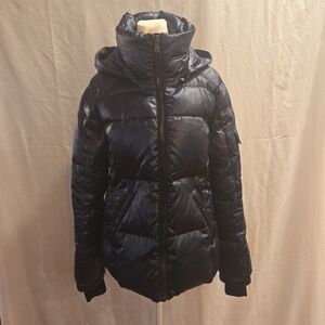 S13 New York Kylie Gloss Hooded Down Puffer Jacket Navy Womens Size Medium